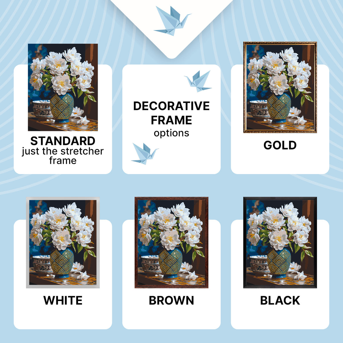 Paint by Numbers on a 40*50 cm frame White flowers in a vase with metallic gold paints LW 31350