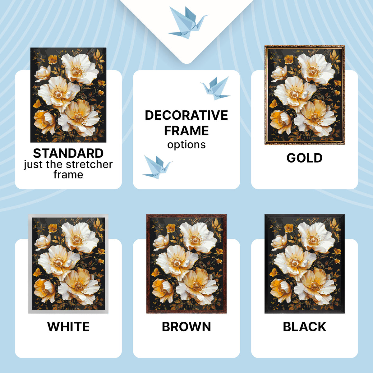 Paint by Numbers on a 40*50 cm frame Golden Flowers on a Black Background. With metallic paints LW 3335