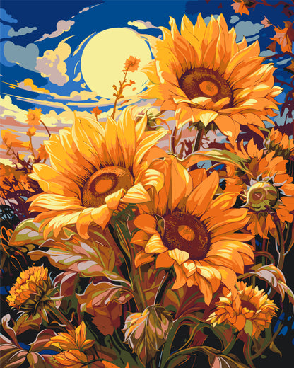 Maľovanie podľa čísel na ráme 40*50 cm - Slnečnice pod mesiacom - Kvety - LW 04070