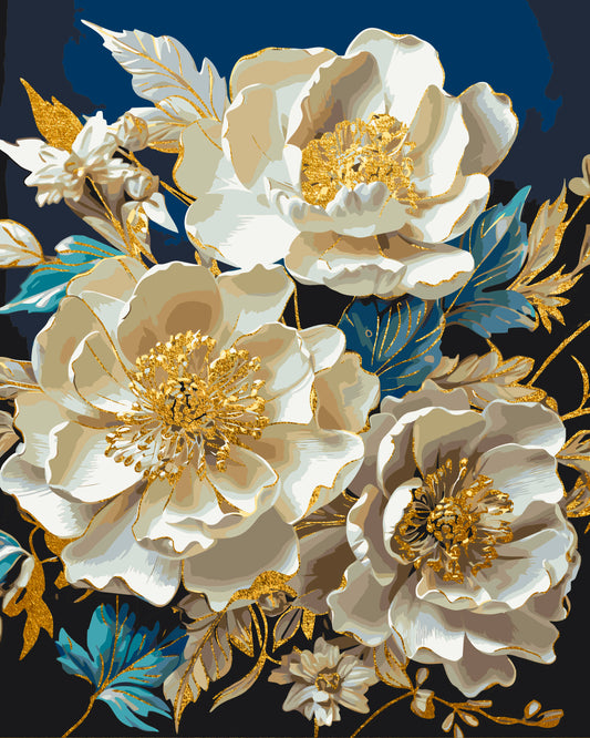 Paint by Numbers on a 40*50 cm frame Flowers. White peonies with metallic gold colors LW 30410