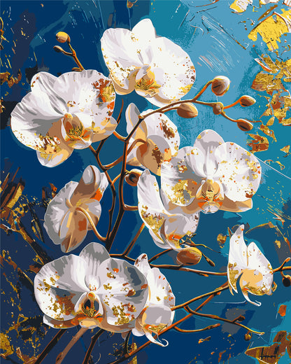 Paint by Numbers on a 40*50 cm frame - Flowers. Orchid flower on a blue background. With metallic paints LW 30431