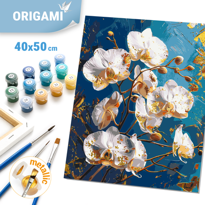 Paint by Numbers on a 40*50 cm frame - Flowers. Orchid flower on a blue background. With metallic paints LW 30431