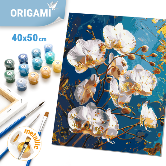 Paint by Numbers on a 40*50 cm frame - Flowers. Orchid flower on a blue background. With metallic paints LW 30431