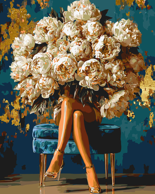 Paint by numbers on a 40*50 cm frame - Flowers - Girl with a Bouquet of Peonies with Metallic Paints LW 3048-01