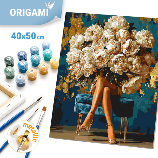 Paint by numbers on a 40*50 cm frame - Flowers - Girl with a Bouquet of Peonies with Metallic Paints LW 3048-01