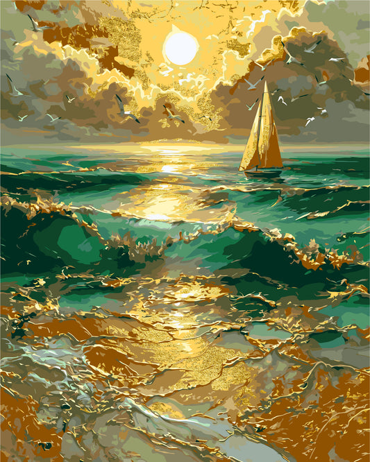 Paint by Numbers on a 40*50 cm frame Landscape - Sailboat at dawn with metallic colours LW 30610-01