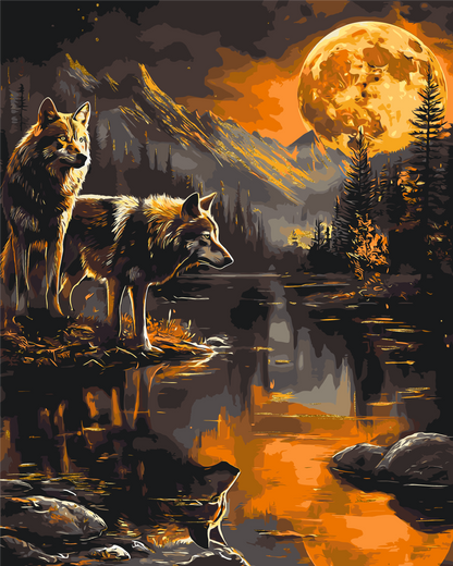 Paint by Numbers on a 40*50 cm frame. Animals. A pair of wolves at night. With metallic paints LW 30780