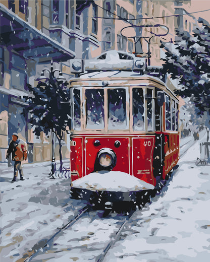 Maľovanie podľa čísel na ráme 40*50 cm - Starý červený tramvaj - Krajinka - LW 3088