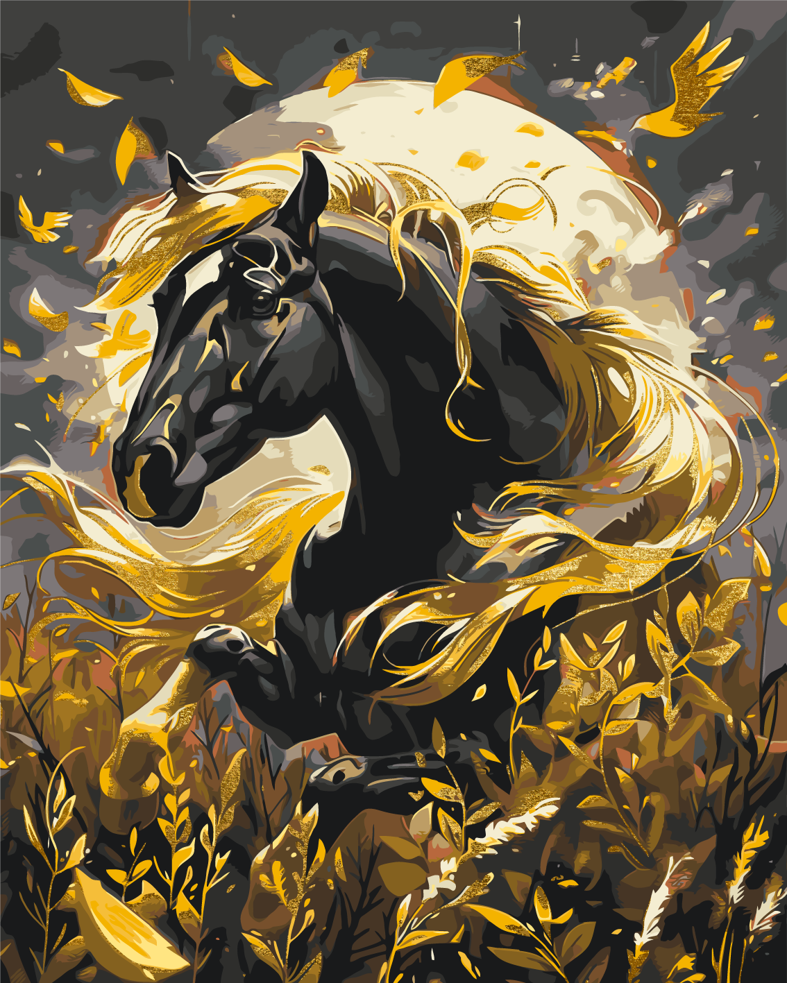 Paint by Numbers on a 40*50 cm frame Animals. Black horse with Metallic Paints LW 31200