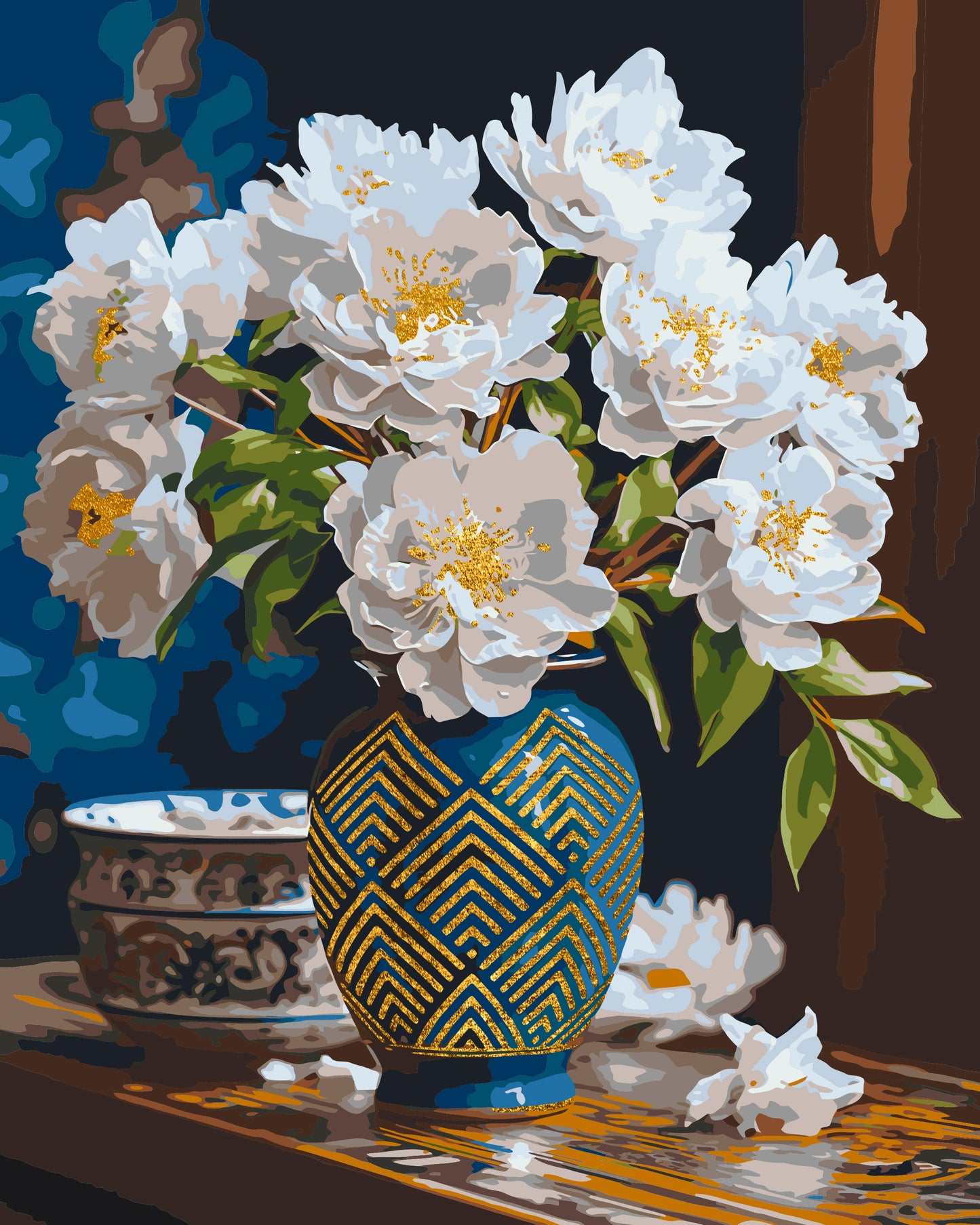 Paint by Numbers on a 40*50 cm frame White flowers in a vase with metallic gold paints LW 31350