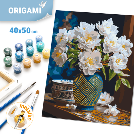 Paint by Numbers on a 40*50 cm frame White flowers in a vase with metallic gold paints LW 31350