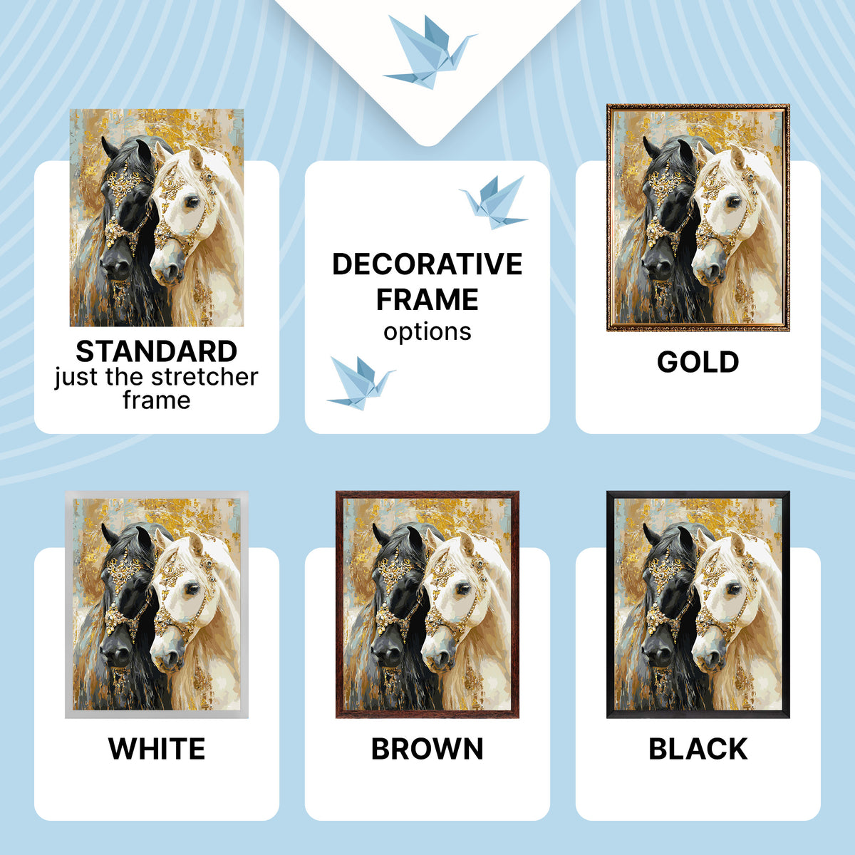 Paint by numbers – black and white horses with golden bridles