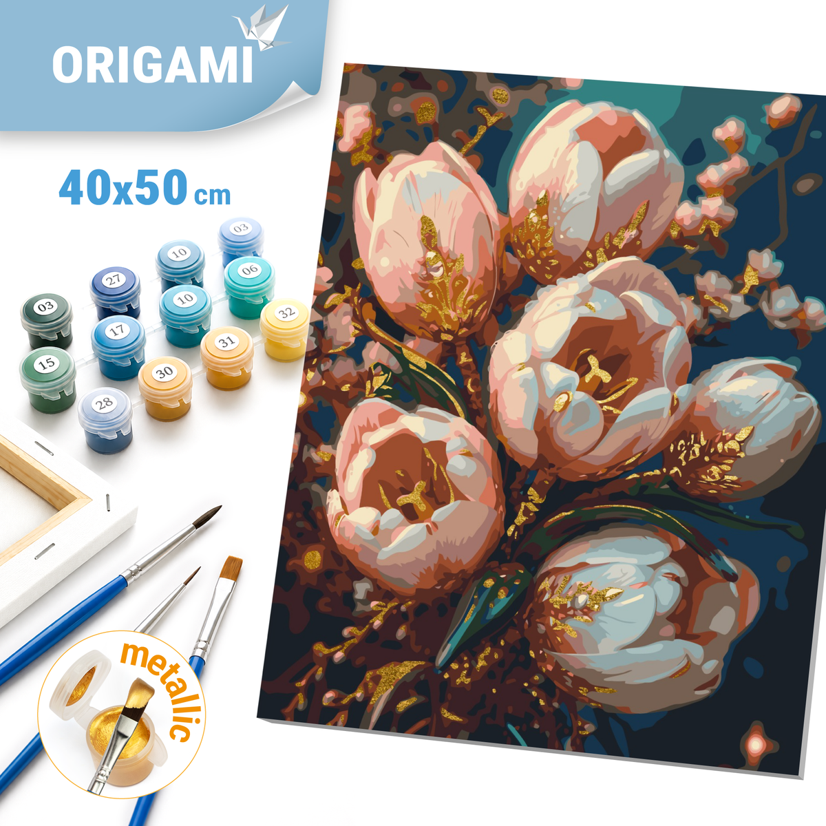 Paint by numbers on a 40*50 cm frame. Flowers. Delicate tulips with Metallic Paints (gold) LW 3304