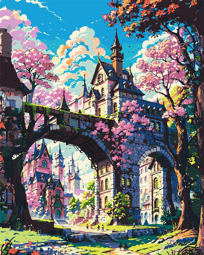Maľovanie podľa čísel na ráme 40*50 cm - Rozprávkový zámok v sakurách - Krajinka - LW 3331