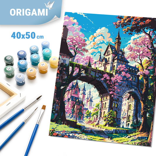 Paint by Numbers on a 40x50 cm frame - Fairytale Castle in Cherry Blossoms - Landscape - LW 3331
