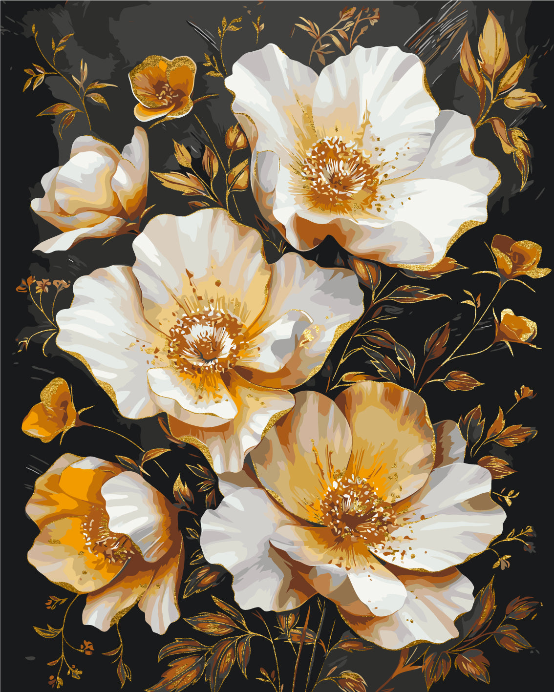 Paint by Numbers on a 40*50 cm frame Golden Flowers on a Black Background. With metallic paints LW 3335