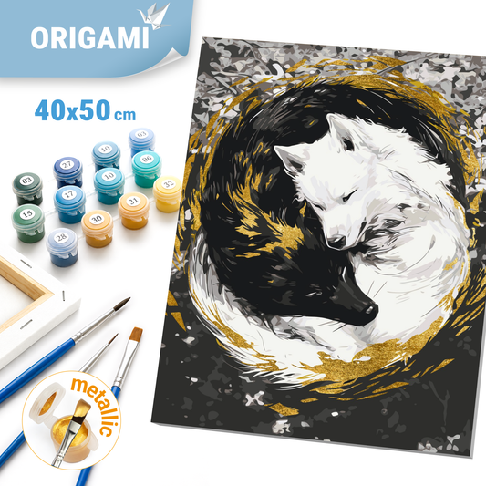Paint by Numbers on a 40*50 cm frame. Animals. Wolf couple with Metallic Paints (yin yang) LW 3458