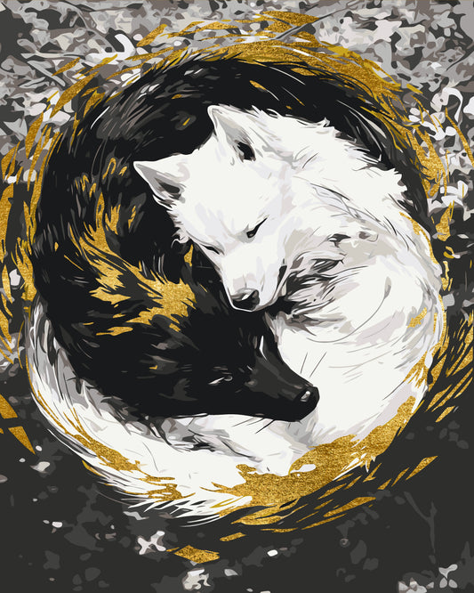 Paint by Numbers on a 40*50 cm frame. Animals. Wolf couple with Metallic Paints (yin yang) LW 3458