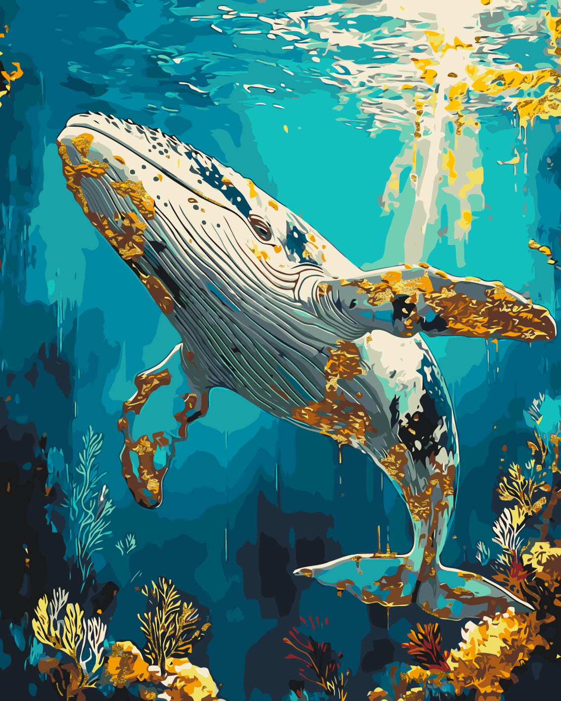 Paint by Numbers on a 40*50 cm frame Undersea world, whale with Metallic Paints LW 3495