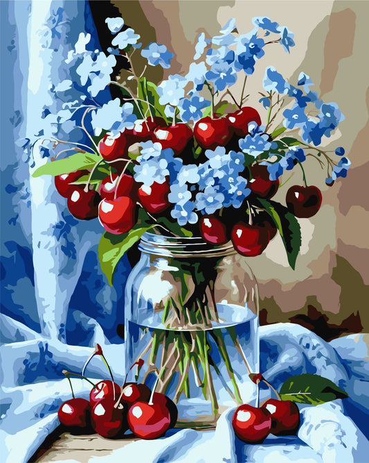 Paint by numbers on a 40*50 cm frame – Still Life/Flowers. Bouquet of flowers with cherries LW 3505