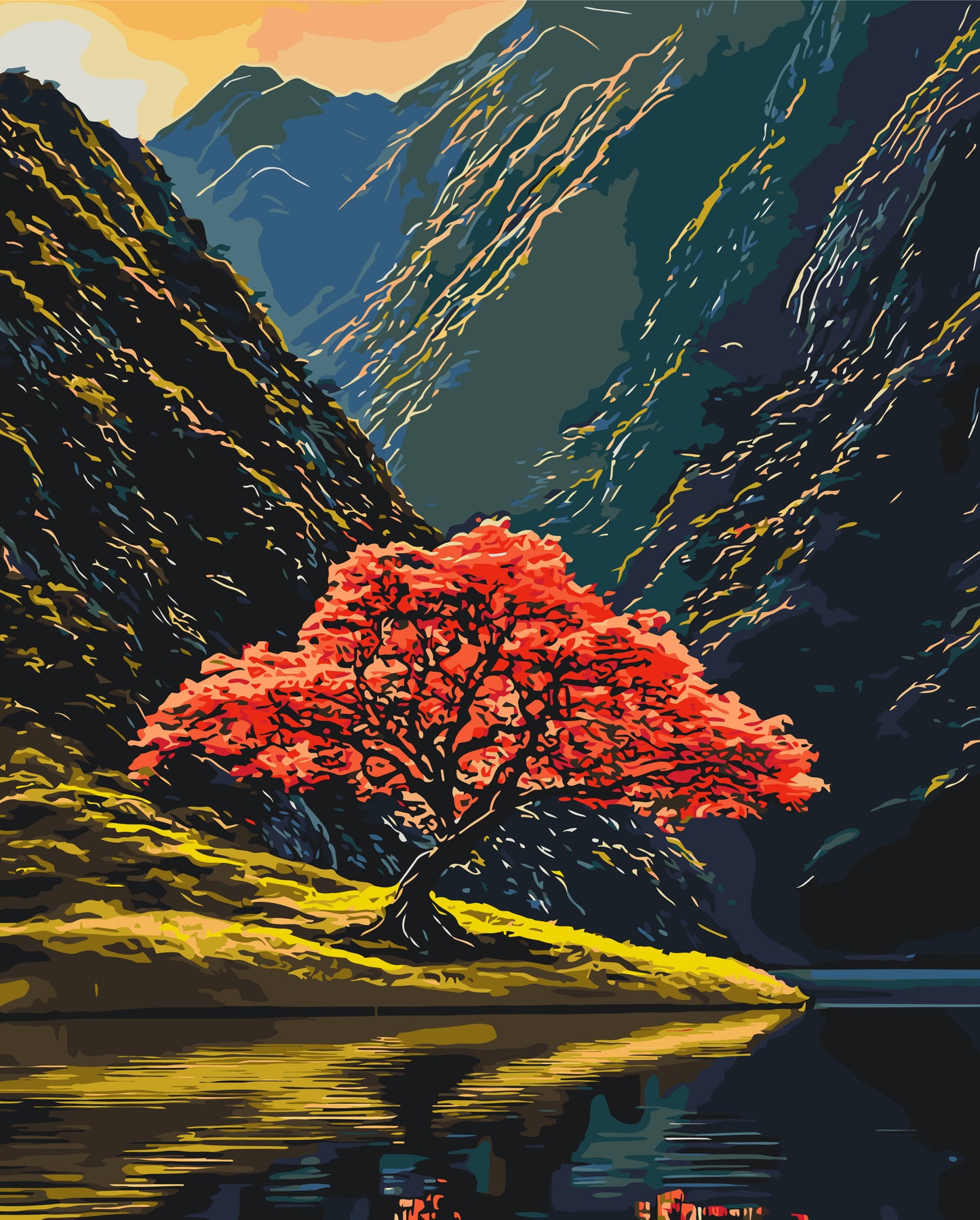 Paint by Numbers on a 40*50 cm frame - Landscape - Tree between Mountains LW 3514