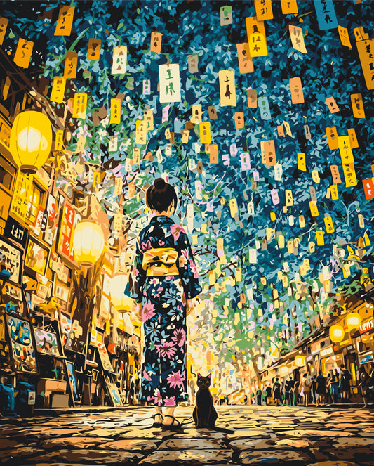 Paint by Numbers on a 40*50 cm frame – Japanese Night. Girl with Cat LW 3515