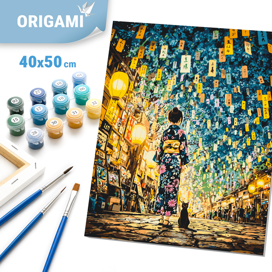 Paint by Numbers on a 40*50 cm frame – Japanese Night. Girl with Cat LW 3515
