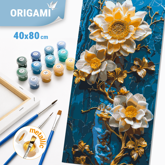Paint by Numbers on a 40x80 cm frame - Flowers on a Blue Background - Flowers with Metallic Paints - LW 5102