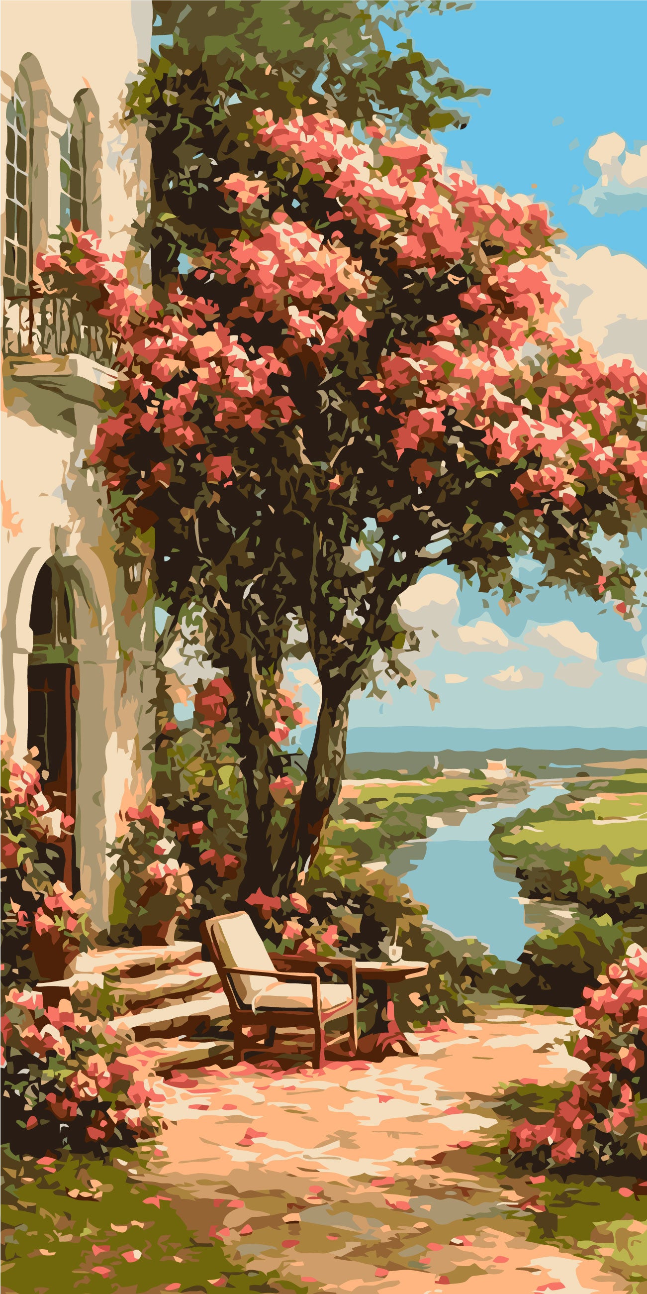 Maľovanie podľa čísel na ráme 40*80 cm - Záhrada pri rieke - Krajinka - LW 5168