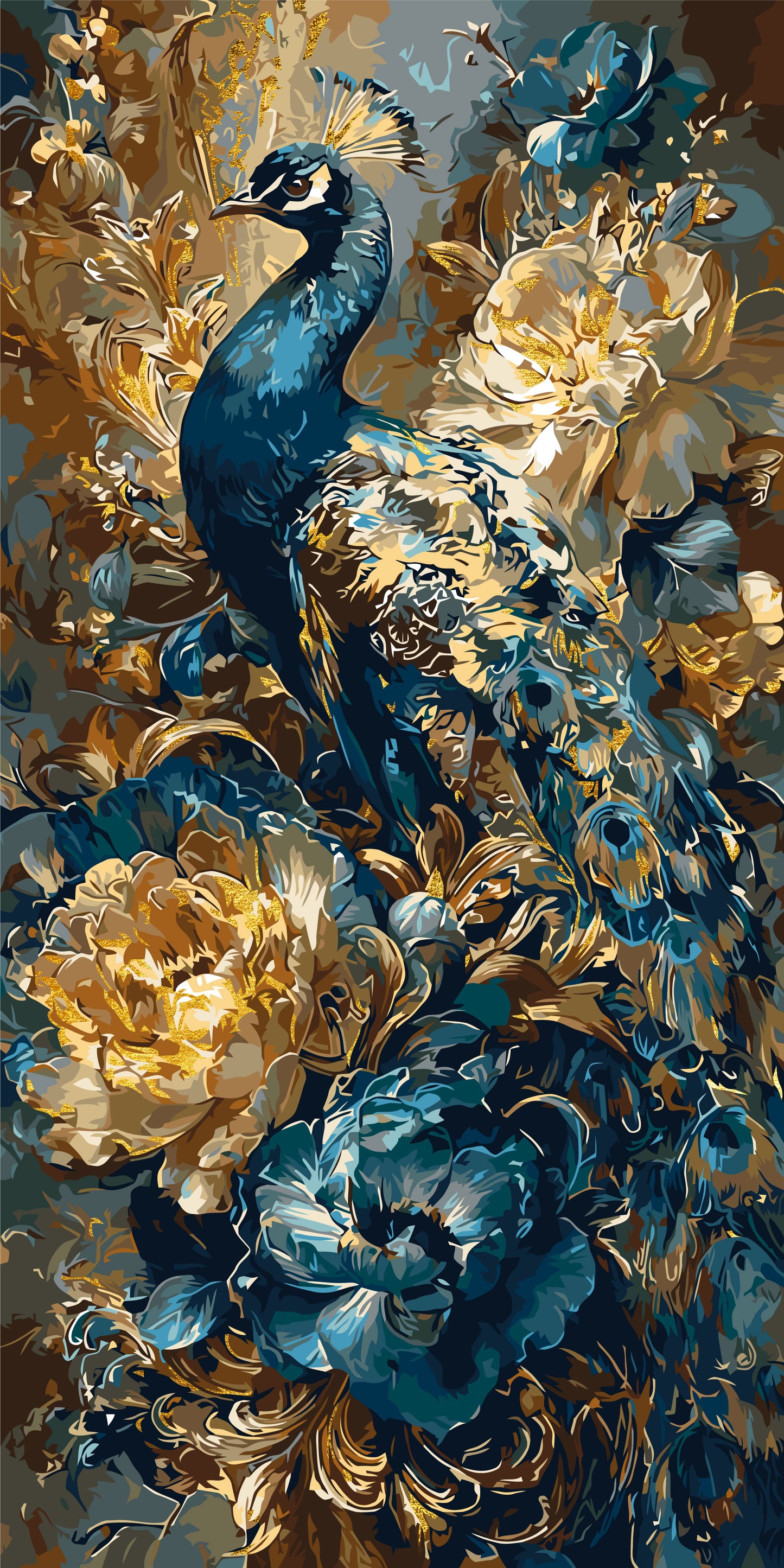 Paint by Numbers on a 40*80 cm frame - Peacock in Flowers with Metallic Paints LW 5183