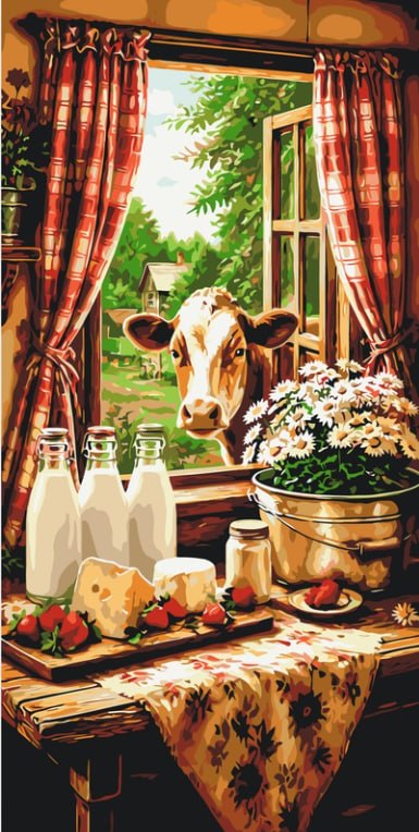 Maľovanie podľa čísel na ráme 40*80 cm - Vidiecka idyla s kravou - Zvieratá - LW 5219