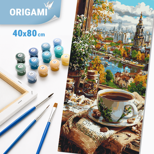 Paint by Numbers on a 40x80 cm frame - Coffee with a View of the Old Town - Landscape/Still Life - LW 5239