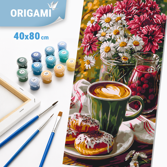 Paint by Numbers on a 40x80 cm frame - Morning Coffee with a Donut and Flowers - Still Life/Flowers - LW 5243