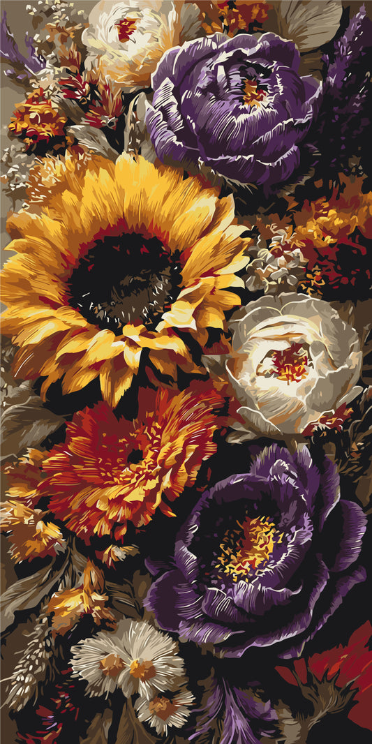 Maľovanie podľa čísel na ráme 40*80 cm - Slnečnica a pivónie - Kvety - LW 5254