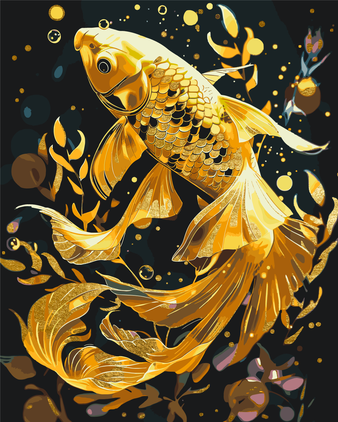 Paint by Numbers on a 40*50 cm frame Animals. Goldfish with metallic colours LW 9670