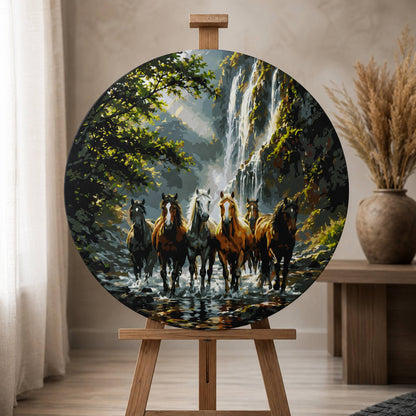 Okrúhle maľovanie podľa čísel Ø45 cm Zvieratá/Krajinka. Divoké kone pri vodopáde OR 2018