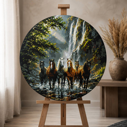 Okrúhle maľovanie podľa čísel Ø45 cm Zvieratá/Krajinka. Divoké kone pri vodopáde OR 2018
