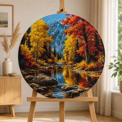 Okrúhle maľovanie podľa čísel Ø45 cm Krajinka. Jesenná rieka v horách OR 2029