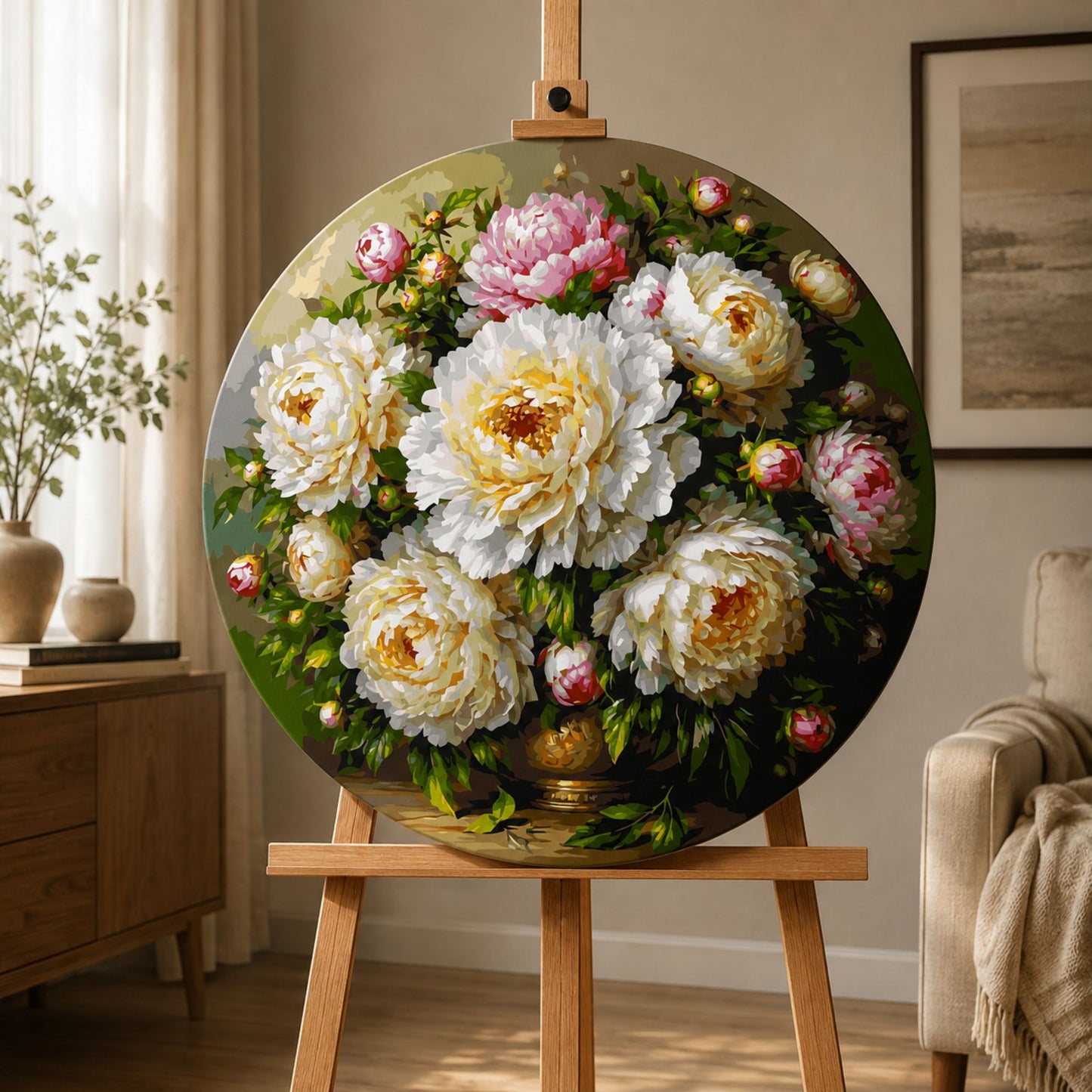 Okrúhle maľovanie podľa čísel Ø45 cm Kvety/Zátišie. Kytica pivónií vo váze OR 2032