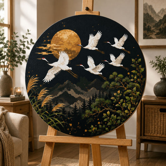 Okrúhle maľovanie podľa čísel Ø45 cm Zvieratá/Krajinka. Žeriavy pod Mesiacom s metalickými farbami OR 2033