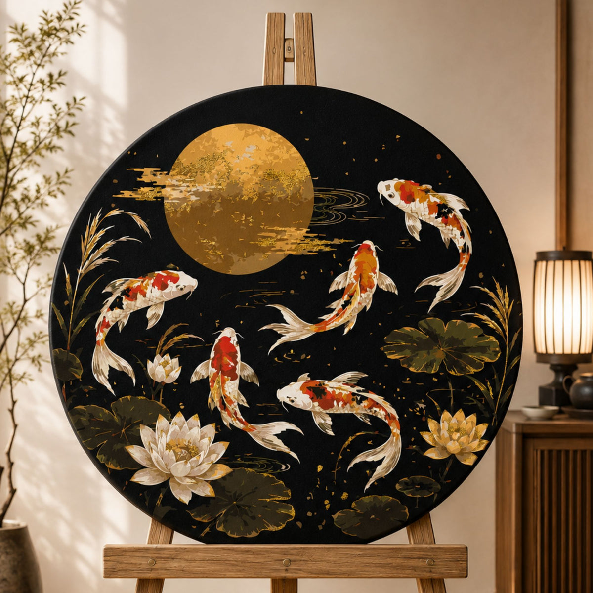 Round Paint by Numbers Ø45 cm – Koi Carp with Metallic Paints – Landscape/Animals – OR 2034