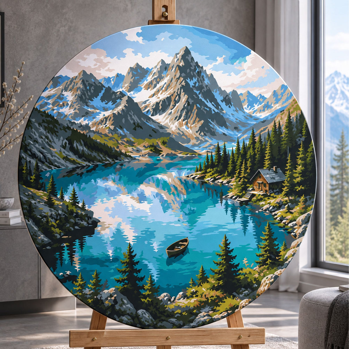 Round Paint by Numbers Ø45 cm – Mountain Lake – Landscape – OR 2035