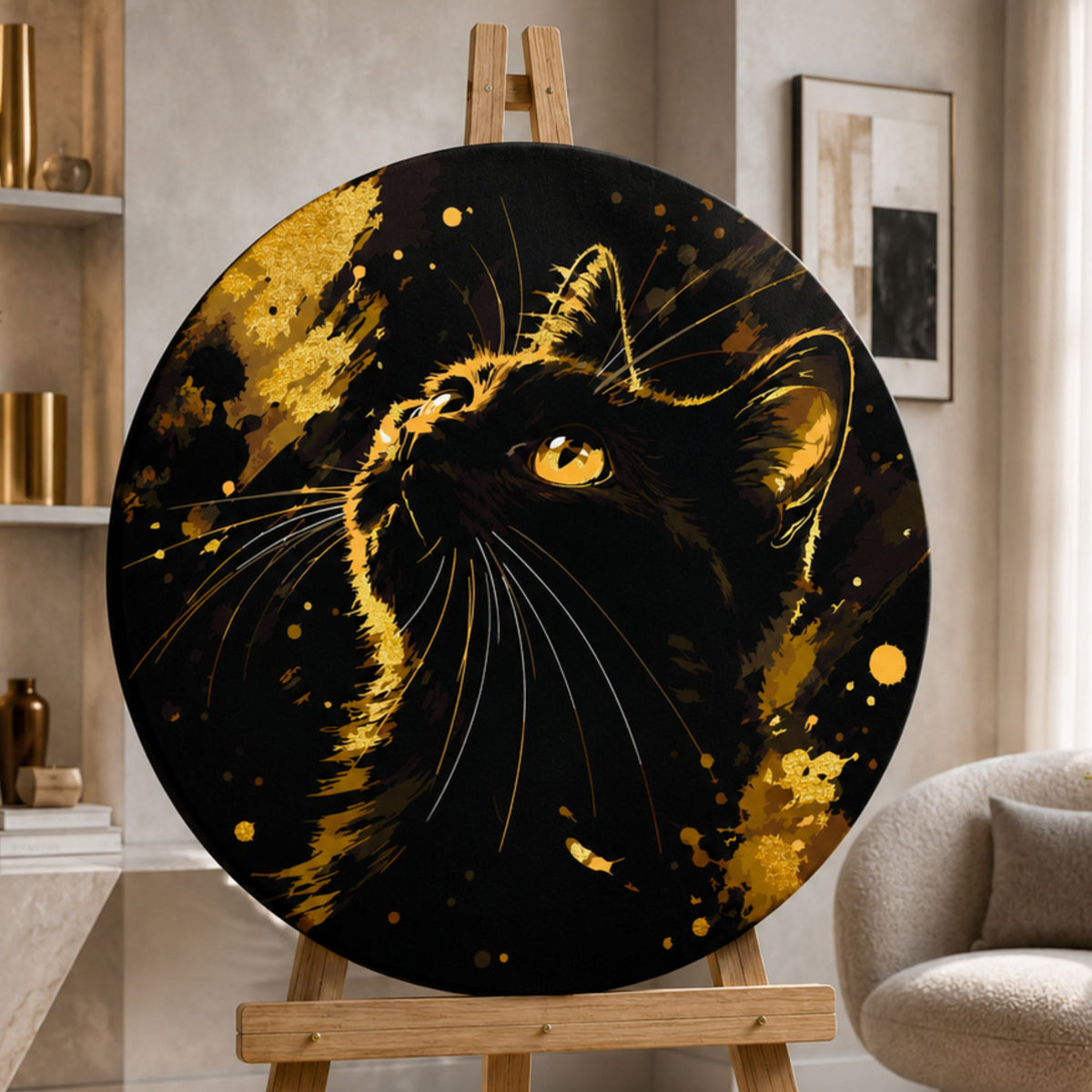 Round paint by numbers – black cat in gold