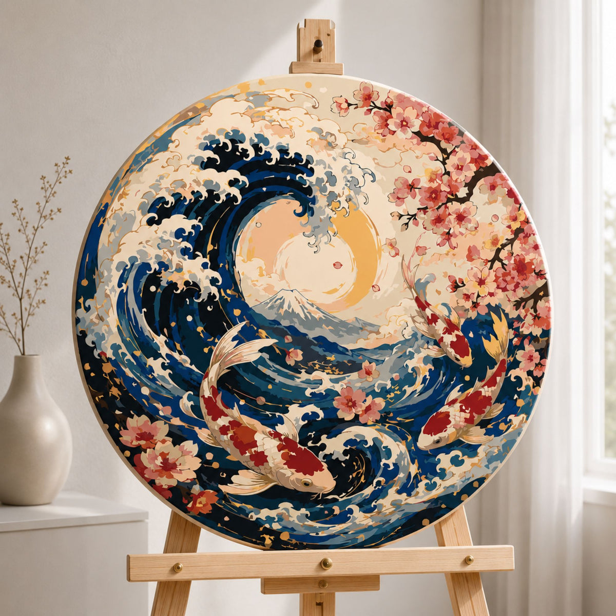 Round Paint by Numbers Ø45 cm – Koi Carp and the Great Wave off Kanagawa – Landscape/Animals – OR 2038
