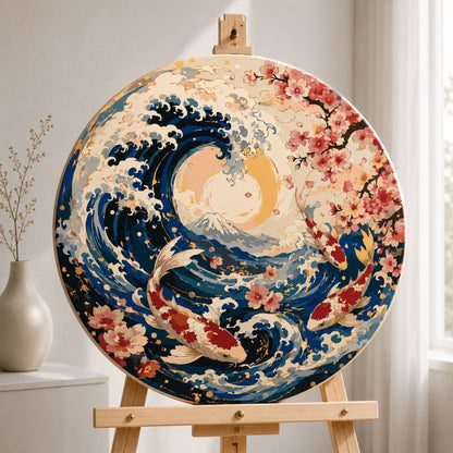Round Paint by Numbers Ø45 cm – Koi Carp and the Great Wave off Kanagawa – Landscape/Animals – OR 2038