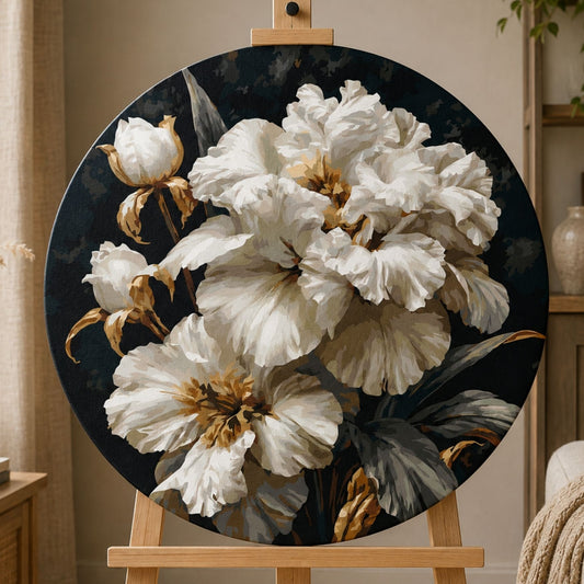 Round paint by numbers – white irises with gold