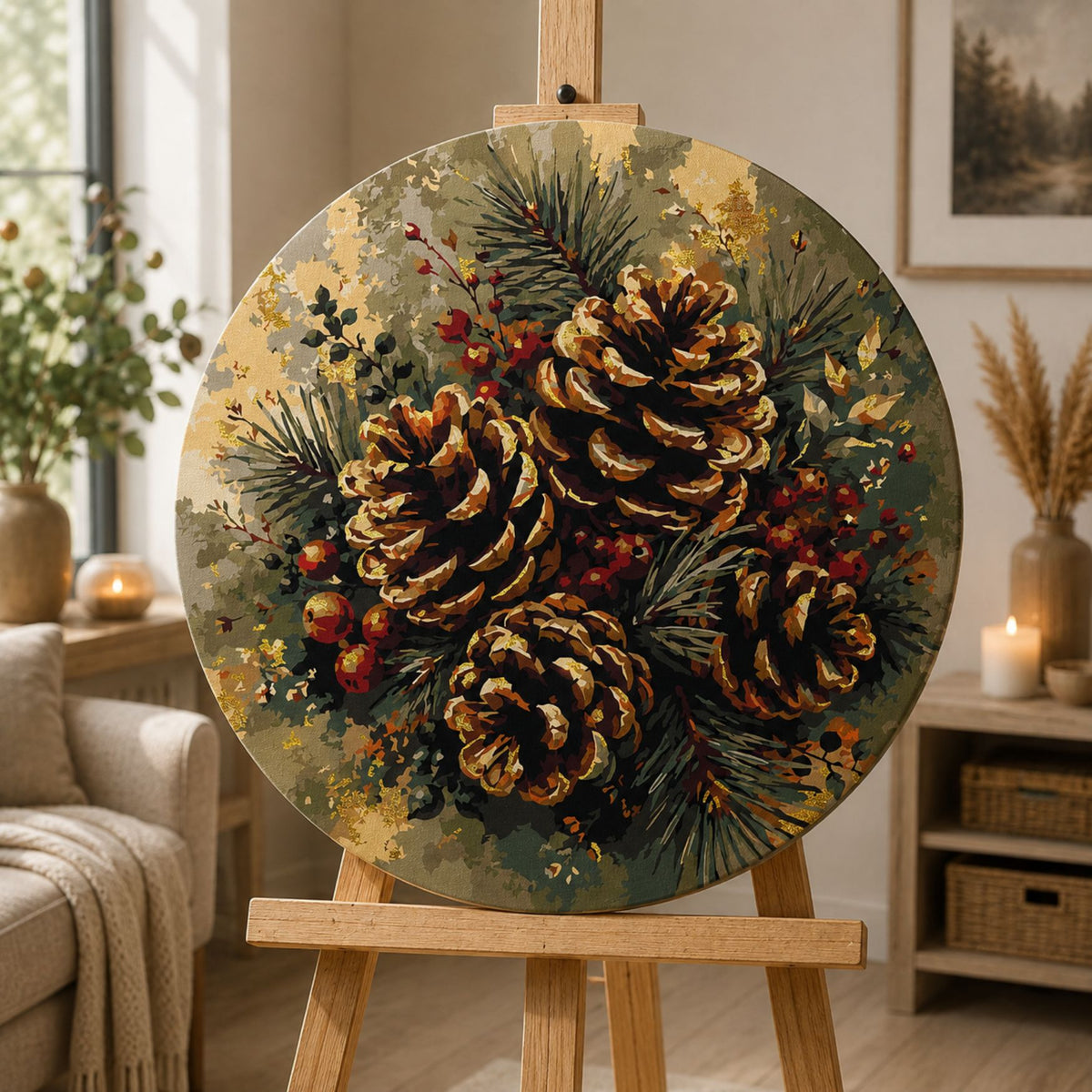 Round paint by numbers – winter pine cones and greenery