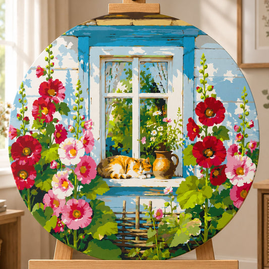 Round paint by numbers – cat among hollyhocks