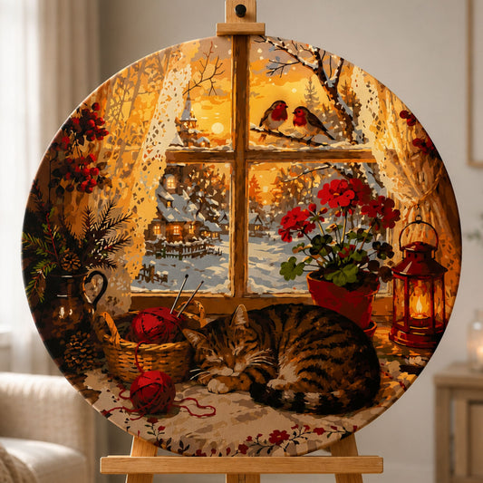 Round paint by numbers – cat at the winter window