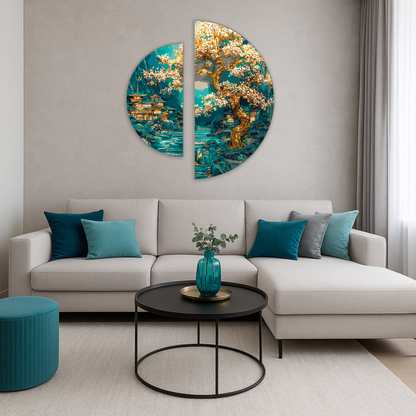 Maľovanie podľa čísel na ráme ⌀50 cm + ⌀70 cm - Japonský úsvit - Krajinka s metalickými farbami - OSR 1009